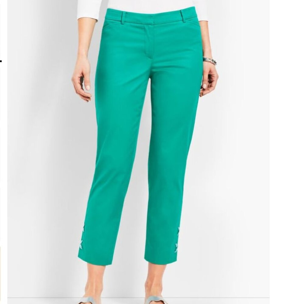 Talbots Size 10 Perfect Crop Teal Green Gingham Lace Hem Cropped Pants Summer